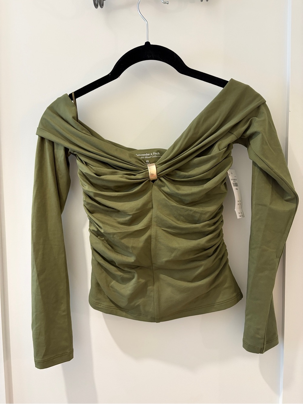 Abercrombie & Fitch Olive Green Long Sleeve Ruched Off-Shoulder Top